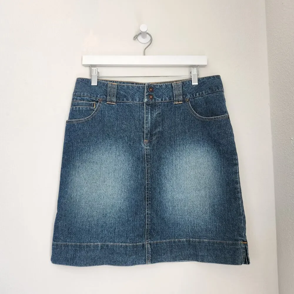 Vintage Y2K Medium Wash Denim Skirt Straight Knee Length Route 66 Size 10